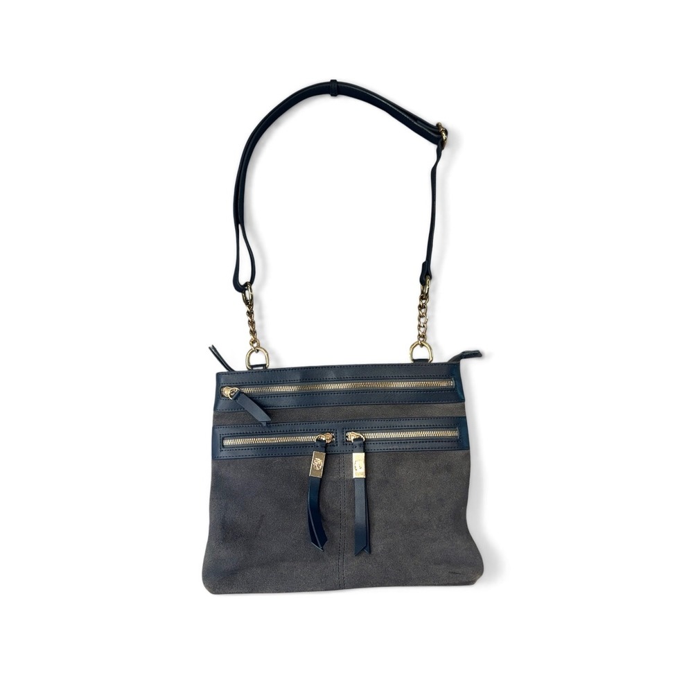 Spartina 449  Navy Gray Leather Suede Crossbody Bag Gold Hardware